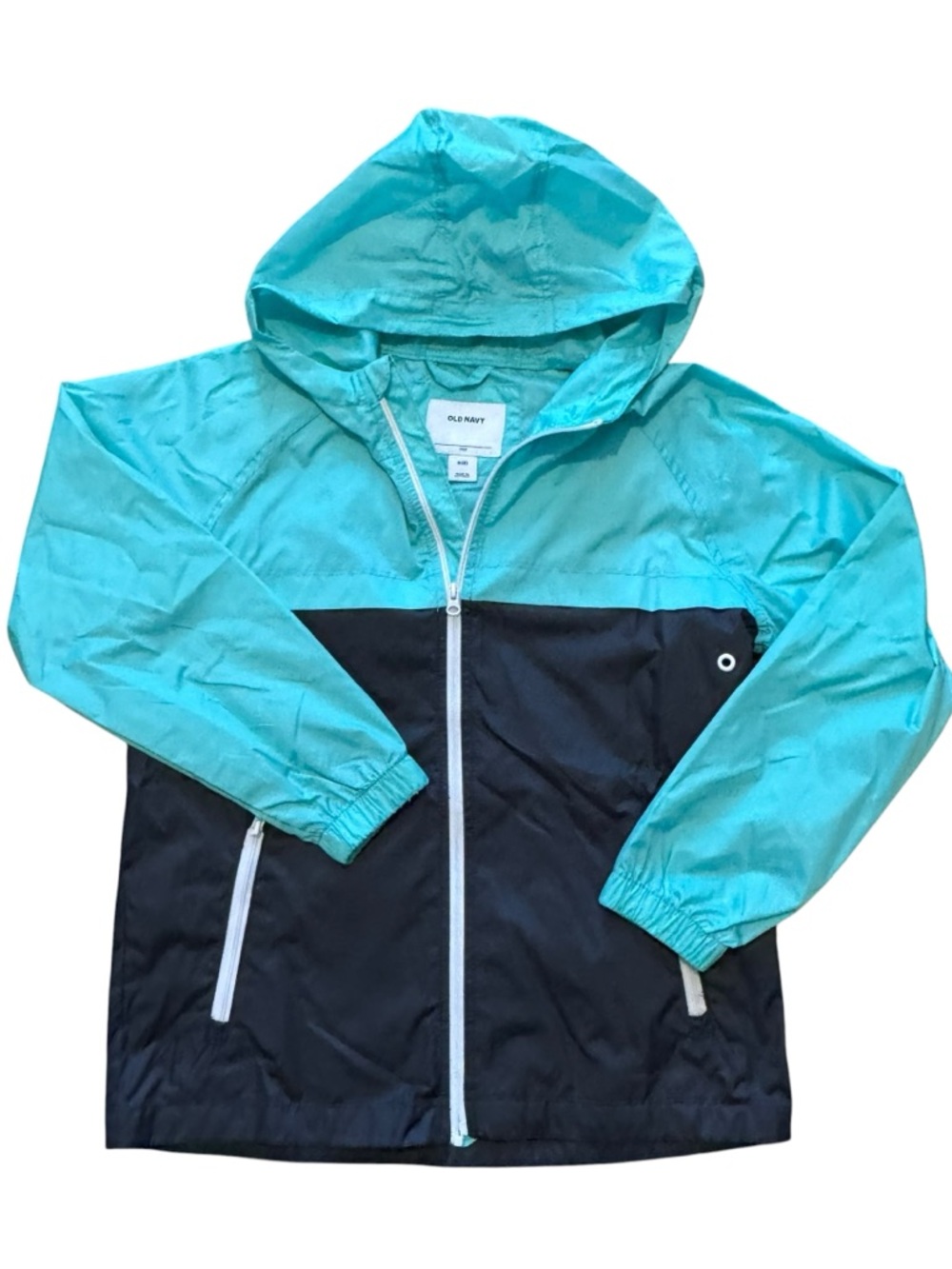 Old Navy Kids Colorblock Windbreaker Jacket Size M Teal Navy Hooded Lightweight